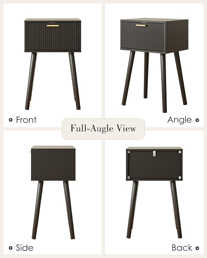 Night Stand, Black Nightstand with Fluted Door, Small Modern Mid-Century Bedside Table for Bedroom, End Table for Living Room