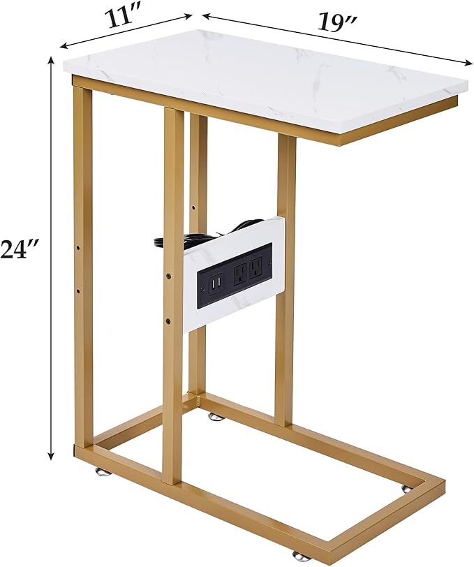 VECELO C Shaped End Side Table with Charging Station & Power Outlets for Couch Sofa/Bed Snack TV Tray with Metal Frame for Living Room Bedroom 1 Set, Gold