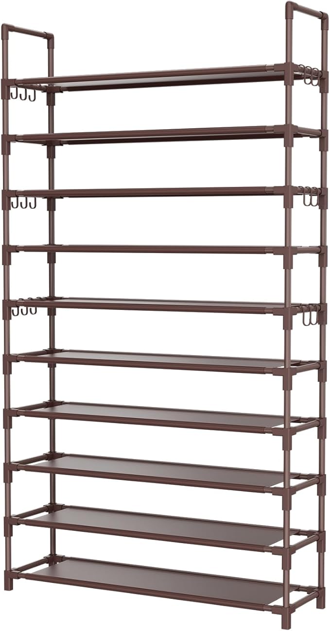 Tall Shoe Rack 10 Tier Shoe Organizer Large Shoe Shelf with 18 Hooks Storage for 50 Pair Sneaker and Boot, Stackable Vertical Shoe Rack Organizer for Closet, Entryway, Bedroom, Brown