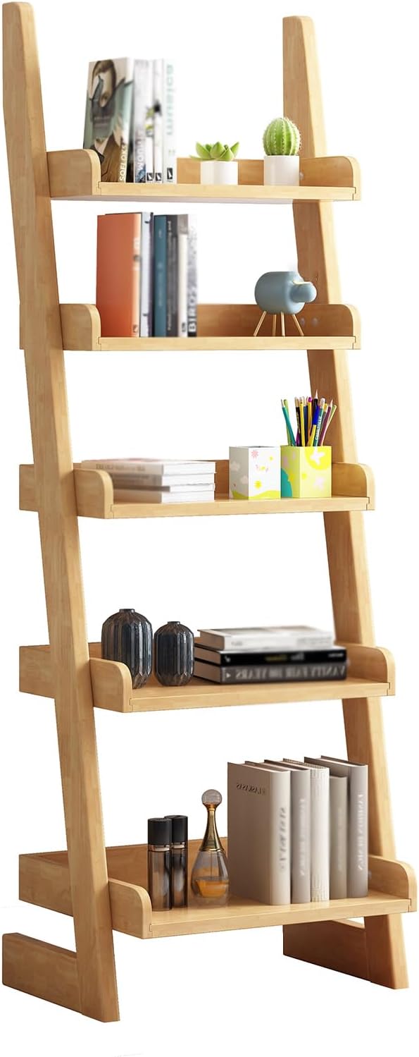 5-Tier Ladder Bookshelf, H 55" Leaning Bookshelf Storage Rack Organizer, Wooden Ladder Shelf Bookcase for Living Room, Home Office and Bedroom, Wood Color