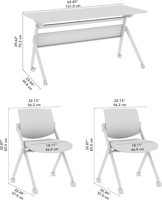 Bush Business Furniture Folding Training Table Set for 2, 60 inch, 2 Mesh Back Folding Chairs, Commercial-Grade Bundle for Office or Classroom, Envision Collection, White
