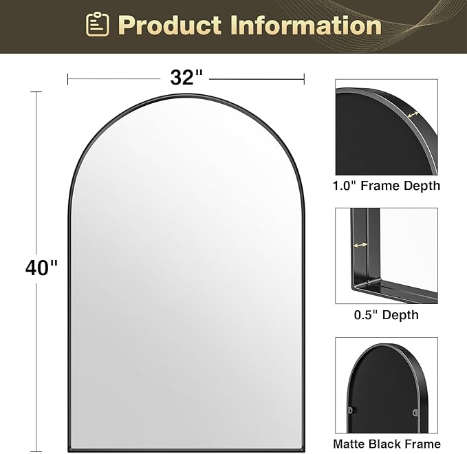 Brightify Arched Mirror, Arched Wall Mirror, 32 x 40 Inch Black Arch Mirror, Metal Frame Black Bathroom Mirror, Arched Top Bathroom Vanity Mirror for Living Room Bedroom Mantel Entryway Hallways