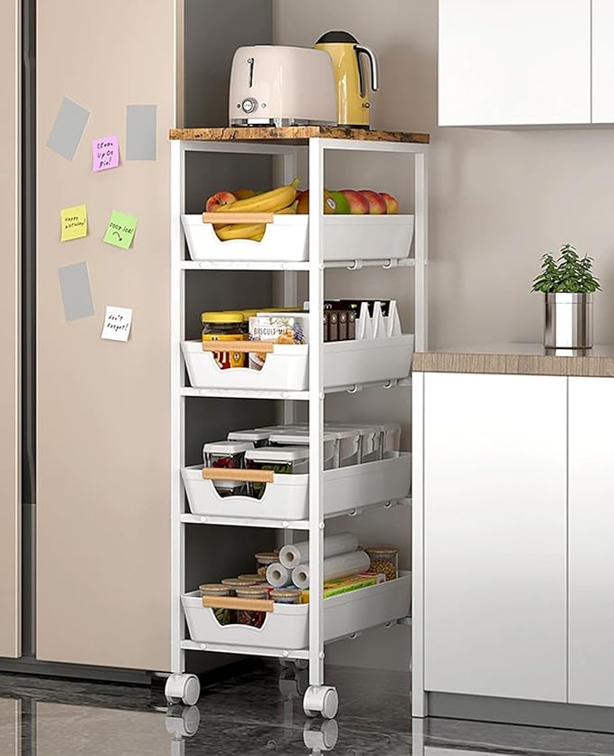 Aupekro 5-Tier Rolling Storage Cart with Wooden Top, Narrow Metal Kitchen Storage Cart, Versatile Mobile Shelving Unit Trolley, Pantry Utility Cart with Pull-Out Drawer (White)