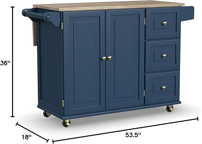 Homestyles Mobile Kitchen Island Cart with Wood Top and Dropleaf Breakfast Bar, Blue