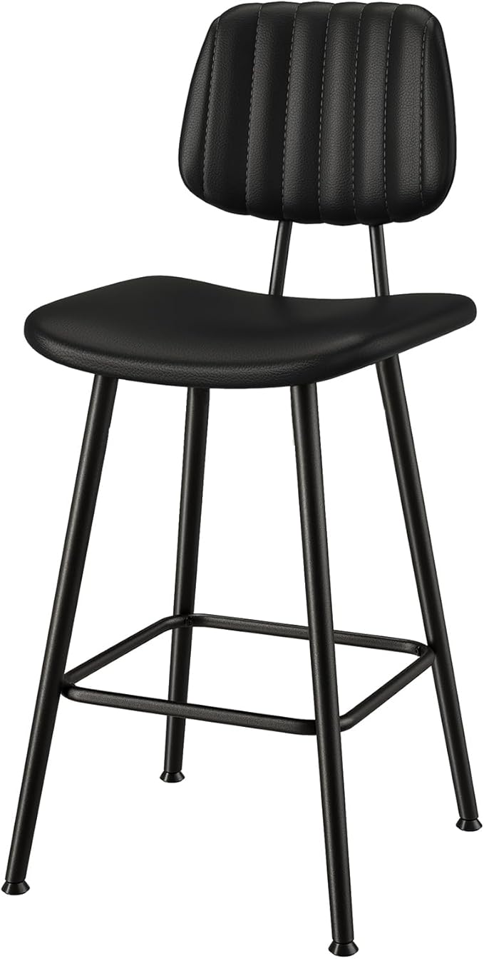 24-Inch Leather Bar Stools, Counter Height Barstools with High Backrest,Bar Chairs for Kitchen Island with Heavy Duty Metal Legs, Black