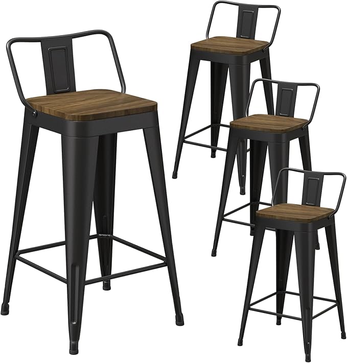 Black Bar Stools Set of 4, Metal Bar Stools with Wooden Seat, Modern 30”Counter Height Barstools with Low Back