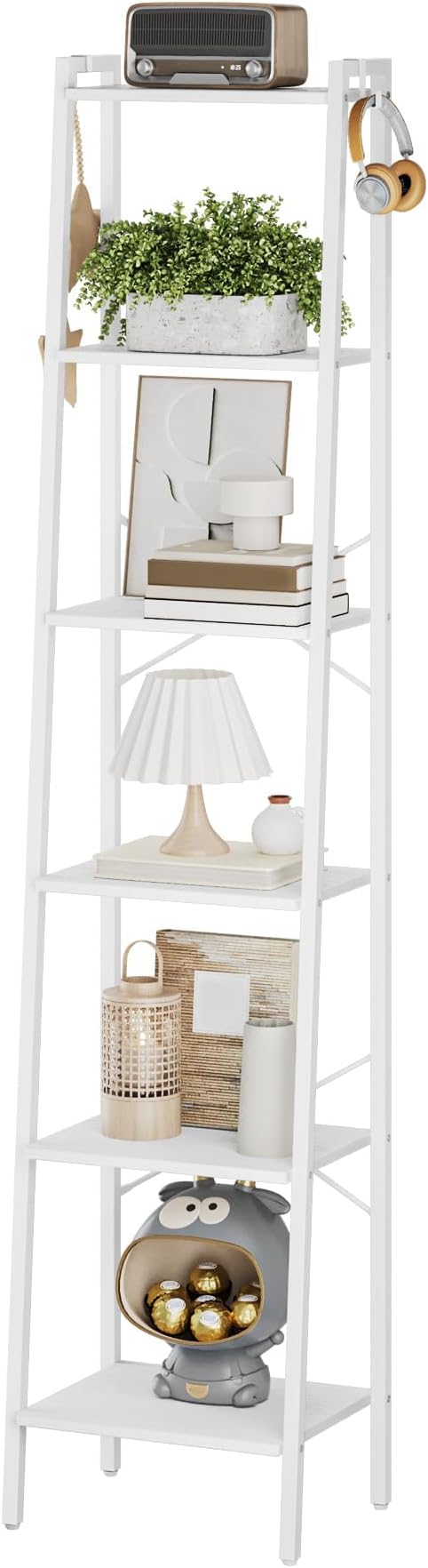 Ladder Shelf, Bookshelf Bookcase, Freestanding Corner Storage Shelve with 2 Hooks for Home Office, Living Room, Kitchen, Bedroom, Industrial, 6-Tier White BC13313W
