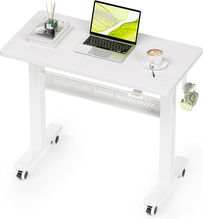 Mobile Walking Pad Desk with Wheels, Pneumatic Small Rolling Standing Desk Riser Height Adjustable (28-43.7") for Treadmill, Portable Computer Table for Home Office, White