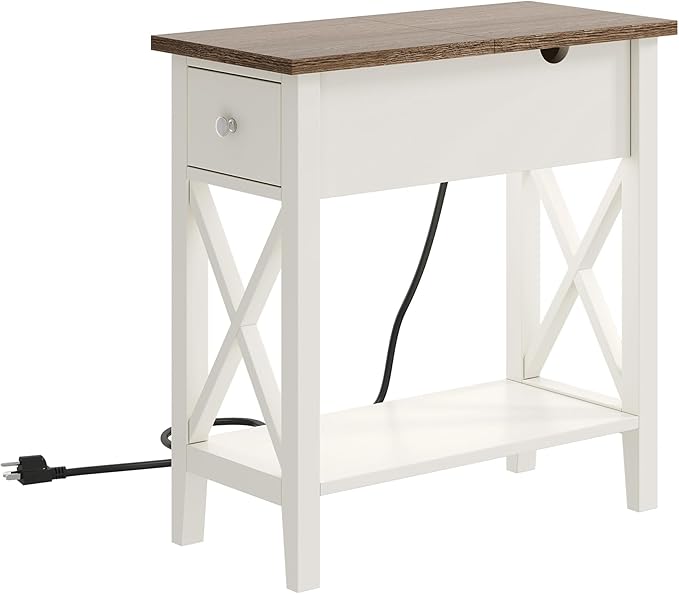 ChooChoo End Table Set of 2 with Charging Station, Narrow End Table with USB Ports and Outlets, Small Side Table Nightstand with Drawer for Living Room, Bedroom, Soft White