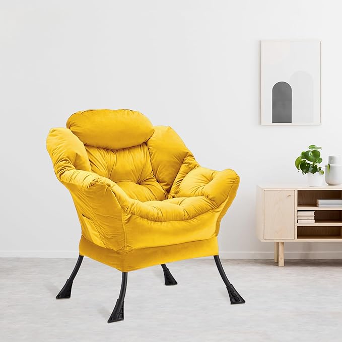 Lazy Chair Thick Padded, Comfy Velvet Accent Lounge Chair with Stable Frame, Leisure Sofa Armchair with Armrests and Side Pocket, Reading Chair for Bedroom, Living Room, Office, Yellow