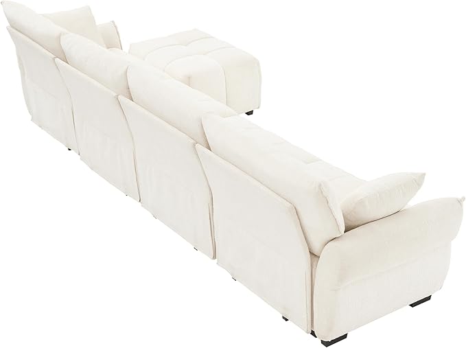 Modern Chenille Fabric 4-Seat Sofa w/Ottoman+2 Pillows, Premium Upholstery Living Room Couch with Tufted Backrest & Comfortable Armrests and High-Resilience Memory Foam Cushions,White