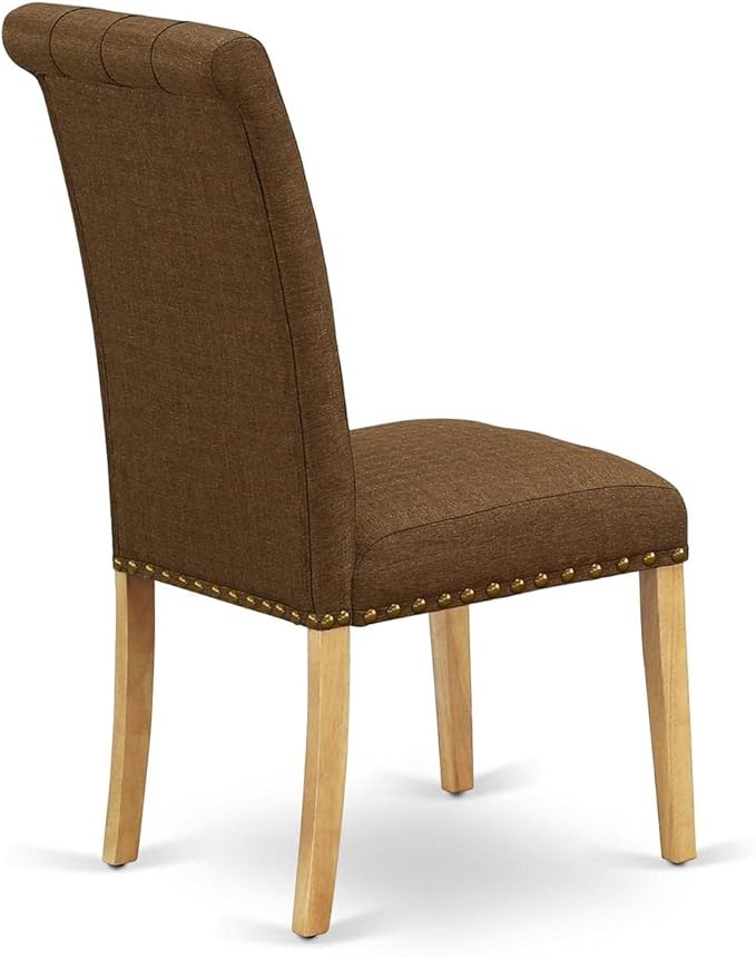 East West Furniture BRP4T18 Bremond Parson Kitchen Chairs - Button Tufted Nailhead Trim Brown Linen Linen Fabric Upholstered Dining Chairs, Set of 2, Oak