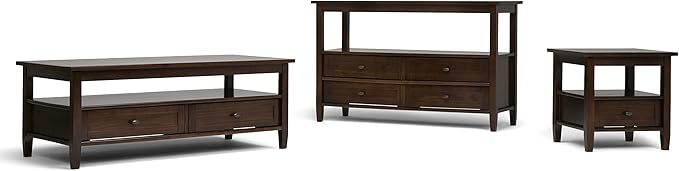 SIMPLIHOME Warm Shaker Coffee Table - 48 inch Wide Solid Wood Cocktail Table in Tobacco Brown, Transitional Living Room Table with 2 Storage Drawers and Open Shelf for Sitting Area or Lounge
