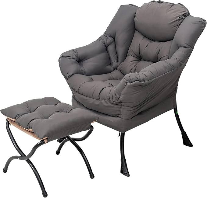 Lazy Chair with Folding Ottoman, Modern Accent Lounge Armchair with Armrests and a Side Pocket & Foldable Footstool, Leisure Reading Chair for Living Room, Bedroom, Dorm & Office, Dark Grey