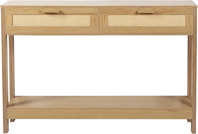 Console Table with Rattan Drawers, Boho Rattan Entryway Table with Storage, Wood Small Console Tables for Entryway, Entry Table for Hallway, Sofa Table