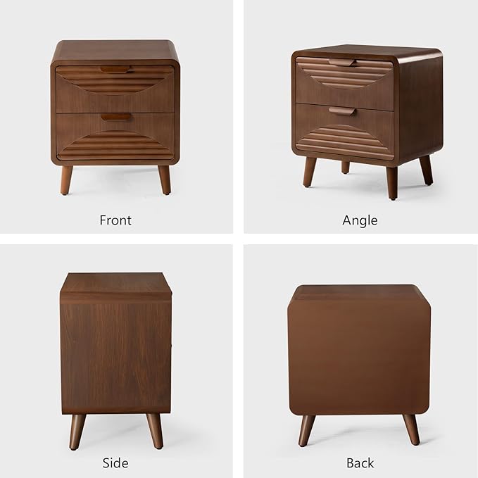 COSIEST Mid-Century Nightstand, Vintage Accent Furniture w 2 Storage Drawers, Modern End Table w Striped Pattern, Wood Small Accent Table for Bedroom, Living Room(Brown,2 Pieces)