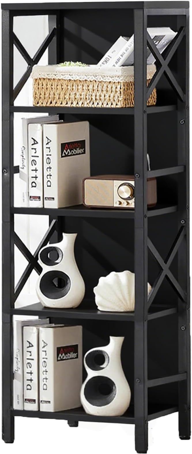 Small Bookshelf,5 Tier Industrial Bookcase with Metal Frame and Backboard,Narrow Black Book Shelf,Office Book case for Small Spaces,Living Room,Bedroom and Home Office