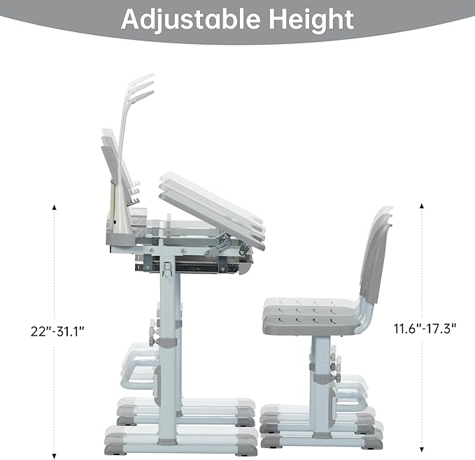 Real Relax Kids Desk and Chair Set, Children's Multifunctional School Tables with Tilt Desktop, LED Light, Metal Hook Grey