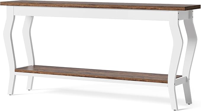 LITTLE TREE 70.9 Inches Long Console Table, 2-Tier Vintage Wooden Sofa Table Behind The Couch with Metal Legs for Hallway, Entryway, Living Room, Brown & White