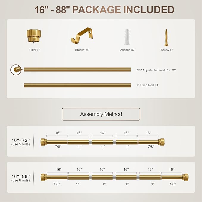 Modern Gold Curtain Rods for Windows 48 to 84 Inches Adjustable Length Heavy Duty 1" Diameter Brass Window Curtain Rod with Solid Metal Finials for Outdoor Farmhouse Bedroom Kitchen Living Room