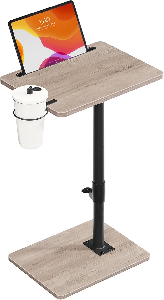 HOOBRO TV Tray Table, 360° Swivel Side Table Sofa Armrest Tray for Couch, Height Adjustable C Shaped End Table, Snack Desk with Cup Holder, for Small Spaces, Greige and Black BG234BZ01