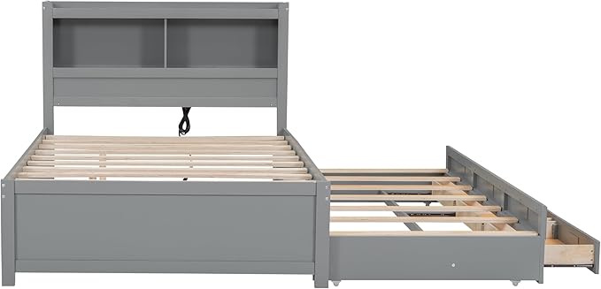 Full Size Pine Wood Platform Bed with Trundle,Drawers,2 Ports and 2 USB Plugs,Storage Bed with Pull Out Shelves,No Box Spring Needed,Perfect for Adults,Teens Bedroom Furniture,Gray