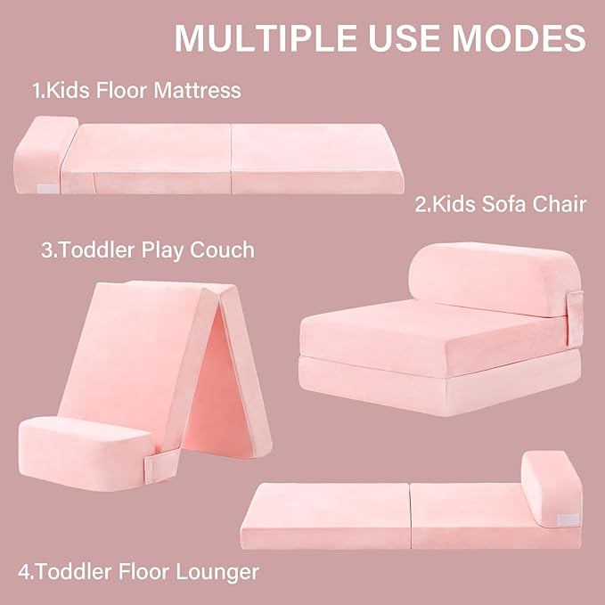 Tiita Folding Sofa Bed for Kids, Toddler Fold Out Couch with Removable Cover, Futon Sleeper Chair for Living Room, Guest Room, Pink