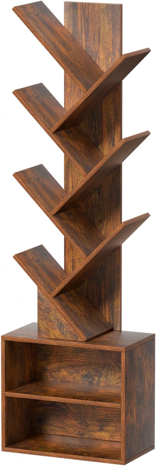 10 Tier Tree Bookshelf,Floor Standing Wood Tall Bookcase for Narrow Space, Storage Organizer Bookshelves for Books, Book Case for CDs/Movies/Books,Home Office,Living Room, Bedroom