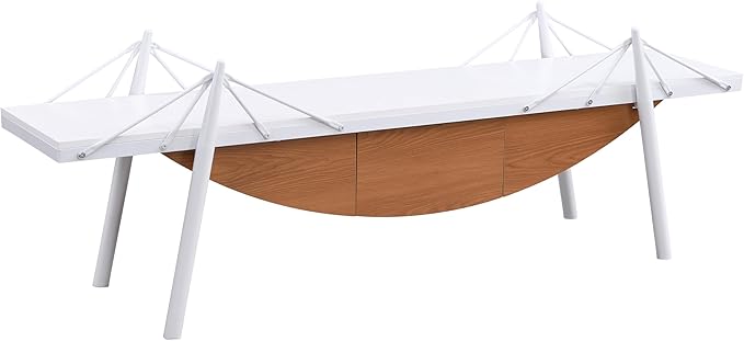 1 Tier Modern Boat-Shaped Bookshelf with Drawer, White & Brown, 70.9" Long Horizontal Low Shelf for Storage Display Decoration, Sturdy MDF & Metal Industrial Frame, for Living Room