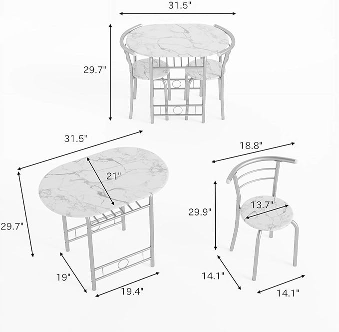 Shahoo 3-Piece Wooden Dining Table Set, Kitchen Breakfast Nook Sets with 2 Chairs & Round Tabletop, Space Saving Furniture Metal Frame and Built-in Wine Rack, Marble White