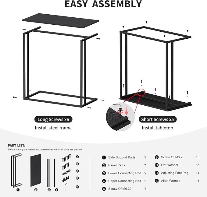C-Shaped Side Table, Modern End Table with Metal Frame, Space Saving Design for Living Room,Large Surface Couch Table for Bedroom, and Home Office,24 x 12 x 24 inches (Black)