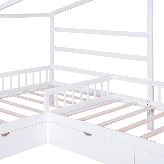 Twin Size House Platform Bed with Three Storage Drawers,Double Shared-Bed,2 in 1 Bed,L-Shaped Platform Bed for Boys Girls Shared Beds,Perfect complement to Any Small Space,White