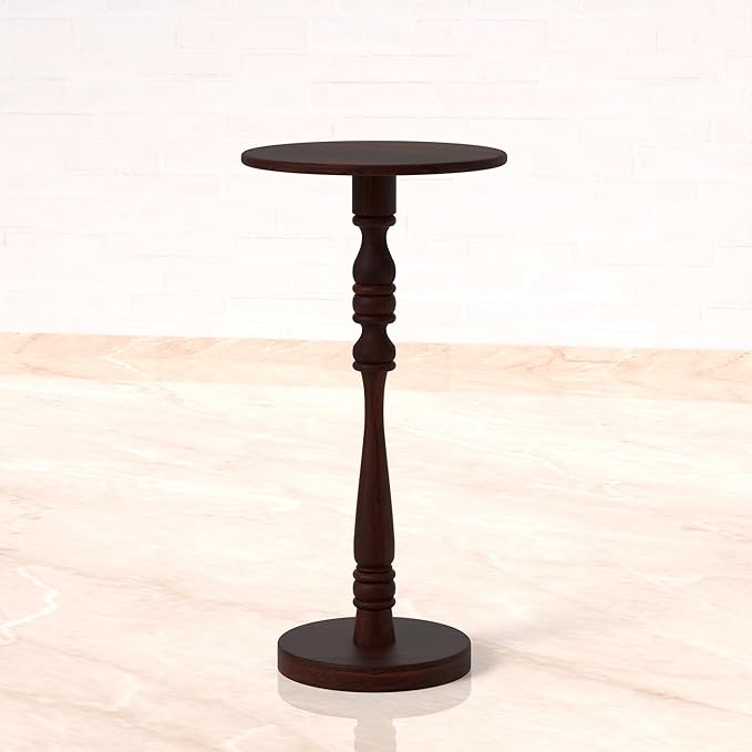 Relso Stambha Solid Wood Drink Table – 24" Tall Round Accent Side Table for Living Room or Bedroom, Narrow End Table or Indoor Plant Stand, Walnut Finish, Handcrafted Mango Wood Furniture