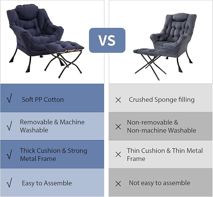 Lazy Chair with Ottoman, Modern Chair with Folding Footrest, Lounge Accent Chair, Comfortable Reading Chair (Navy Blue)
