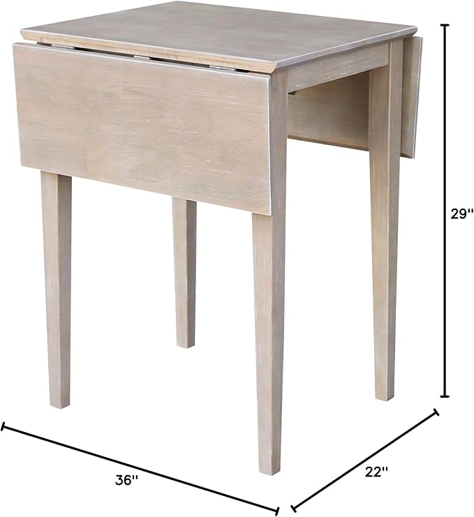 IC International Concepts, Solid Wood Small Drop Leaf Dining Table, Solid Real Wood, Sturdy Parawood,36 X 22 X 29, Minimum Assembly, Washed Gray Taupe
