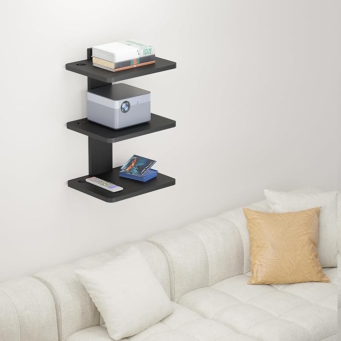 WALI Projector Mount Floating TV Shelf, Holds Up to 22lbs, Wooden Floating Shelf for Under TV for DVD Players, Cable Boxes, Routers, Game Consoles, PlayStation Accessories (CS303NB), 3 Shelves