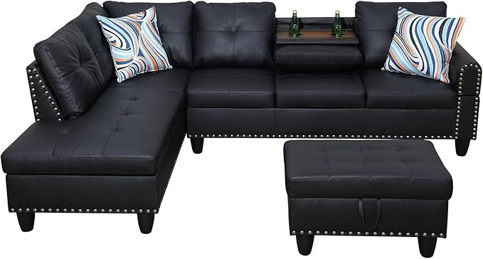 L Shaped Sectional Couch with Cup Holders, 97" Sectional Sofa for Living Room Modular Couches with Otttoman for Bedroom, Apartments