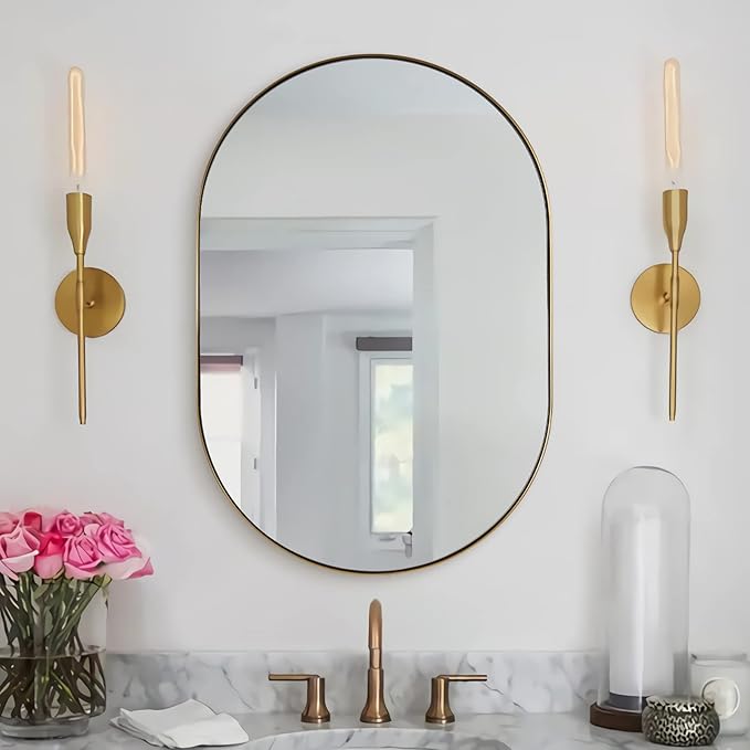 ANDY STAR Gold Oval Mirror, Brass Mirror for Wall, Oval Mirrors for Bathroom in Stainless Steel Metal 1’’ Thin Frame Pill Shaped Mirror Hangs Vertical or Horizontal Ideal for Limited Space