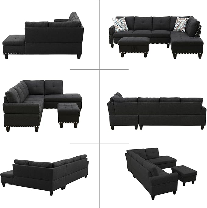 L Shaped Modular Sectional Sofa with Reversible Chaise Lounge, 5-Seater Corner Couch, Linen Upholstery Convertible Sofá w/Movable Ottoman, Cup Holders, 2 Pillows and Rivet Ornament for Living Room