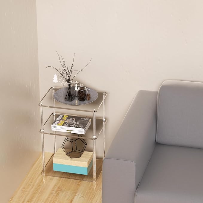 Acrylic Side Tables with 3 Shelve,Bedside Table Clear Nightstand for Bedroom Modern End Table for Living Room, Sofa Table, Side Table 15.7" L x11.8 Wx 23.6" H