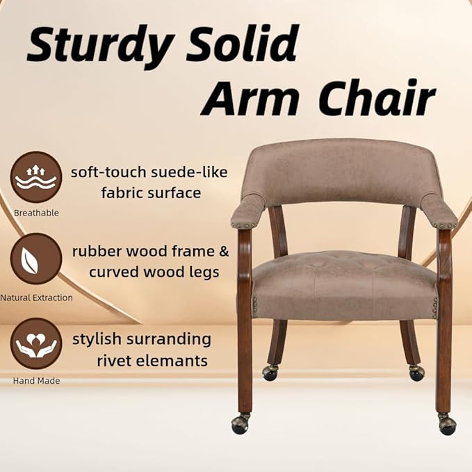 LEEMTORIG Large Dining Chairs with Casters and Arms, Rolling Dining Chairs with Wheels, Solid Wood Office Desk Chairs, 26“Dx25.2 Wx31.5“H, Cherry Legs & Yellowish Brown Fabric SY-1533-LT