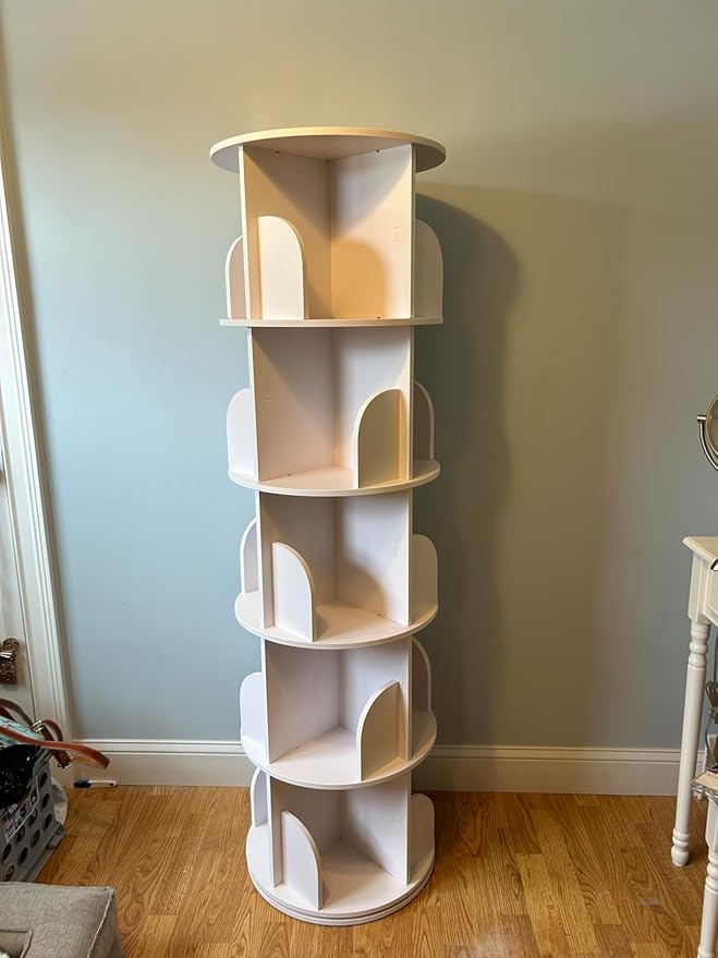 5 Tier Rotating Bookshelf Tower, 360 Display Wood Spinning Bookshelf Tower Revolving Bookcase, 360 Book Shelf Storage Round Carousel, Vertical Rotate Turning Spiral Corner Organizer for Bedroom, White