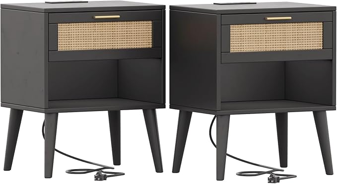 Irontar Nightstand Set of 2, Bedroom Night Stand with Charging Station & Rattan Drawer, Boho Style Bed Side Tables with Solid Legs, Accent End Table with Open Storage, Black and Natural BZZ007BME02
