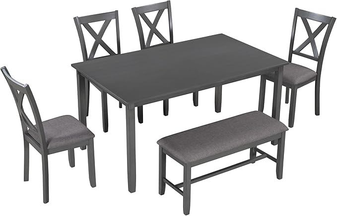 SogesPower 6-Piece Kitchen Dining Table Set for 4-6,Rectangular Dining Table with 4 Fabric Chairs & 1 Bench for Dining Room Living Room,Gray