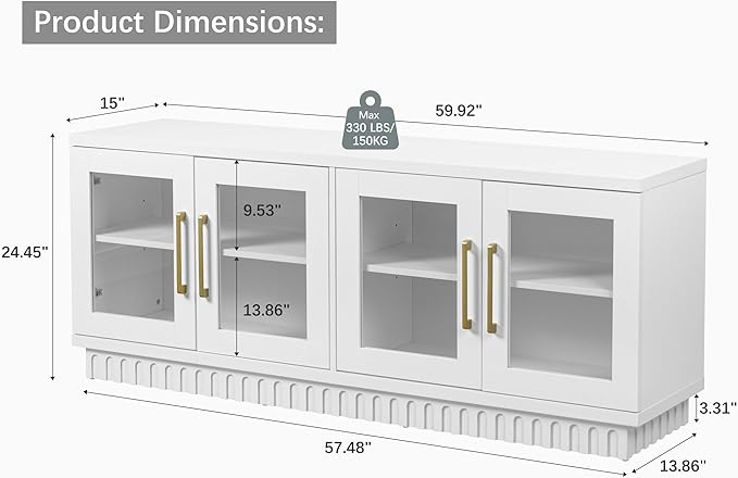 TV Stand for TVs up to 65 Inch, Entertainment Center with Storage Cabinets, Contemporary Modern TV Cabinet Media Console Table with Glass Doors for Living Room Bedroom, Montauk White