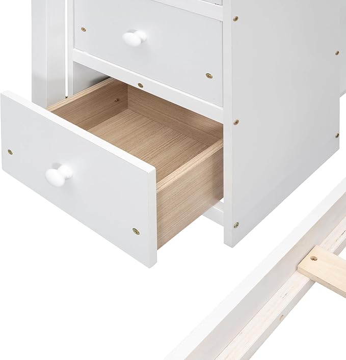 Twin Over Full Bunk Bed with 3-Layer Shelves,Wood L-Shape High Loftbed Frame W/ 4 Drawers & Storage Stairs,No Box Spring Required,Slats Support,for Kids Teens Adults,White