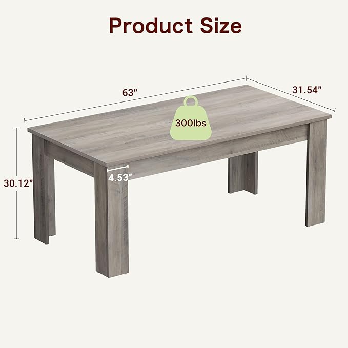 Dining Table for 4-6, 63" Wood Farmhouse Large Kitchen Table with Strong 4 Triangle Legs, Rectangular Dining Room Dinner Table with Sturdy Extra Support for Kitchen, Apartment, Retro Gray