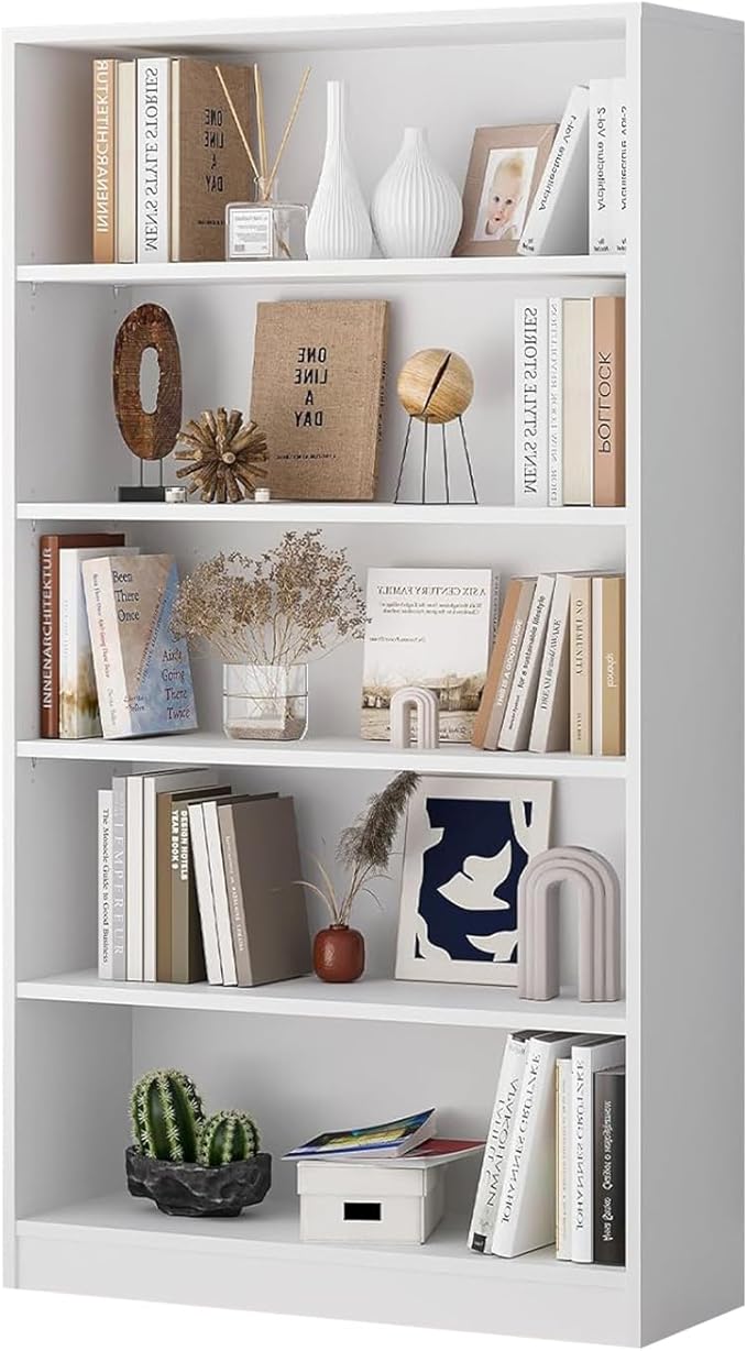 Wooden Bookshelf with Adjustable Shelves, 5 Tier Tall Bookcase for Living Room, Office or Small Spaces,Heavy Dute Bookshelves Storage Organizer, Manga Bookshelf for Collectors,60 Inch,White