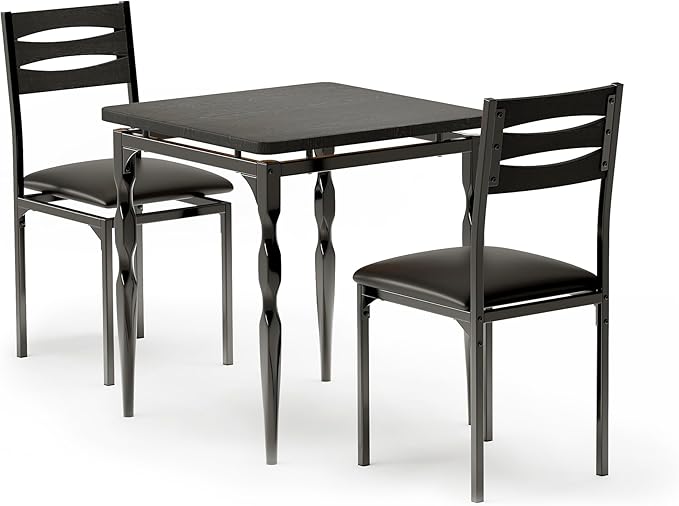 GarveeHome Dining Table Set for 2, Dining Table and Chairs Set of 2, 3 Piece Dining Table Set with Spiral Table Legs for Small Spaces, Kitchen, Apartment, Black