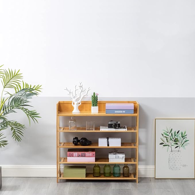 Bamboo Shoe Rack Organizer, 5 Tier Shoe Shelf Storage Organizer, for Entryway, Hallway, and Closet (Nature-39)